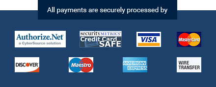 All payments are securely processed by Authorize.Net, Security Metrics: Credit Card SAFE, VISA, MasterCard, Discover, Maestro, American Express, Wire Transfer
